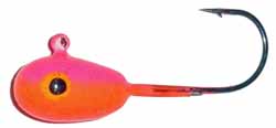 Hutch Tackle Painted Jigs featuring a bright orange and pink fishing lure with a single black hook, designed for effective fishing tackle use.