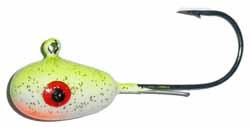 Hutch Tackle Painted Jigs featuring a green and white speckled painted jighead with a red and black eye, designed for fishing tackle and lure applications.