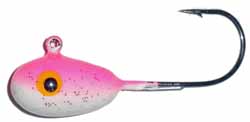 Hutch Tackle Painted Jigs featuring a pink and white fishing lure with a detailed eye and speckled pattern, designed for fishing tackle use with a sharp hook.