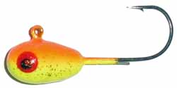 Hutch Tackle Painted Jigs featuring a bright yellow and orange painted fishing lure with a large eye detail and a sharp curved hook, designed for effective musky and ice fishing tackle.