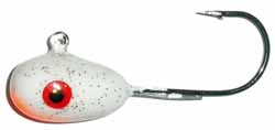 Close-up of a Hutch Tackle Painted Jigs fishing lure featuring a white painted jig head with red and black eye details and a sharp metal hook, designed for freshwater fishing tackle.