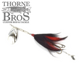 Inhaler 70 Bucktail fishing lure with silver spinner blade and black and red feathered tail, designed for musky fishing, showcasing premium fishing tackle craftsmanship.
