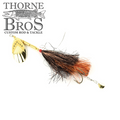 Inhaler Firefly fishing lure with gold spinner blade, black and orange feathered skirt, and treble hooks designed for musky fishing.