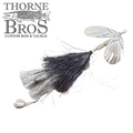 Inhaler Twinblade Firefly fishing lure featuring two silver spinning blades and a black and silver feathered skirt designed for musky fishing tackle enthusiasts.