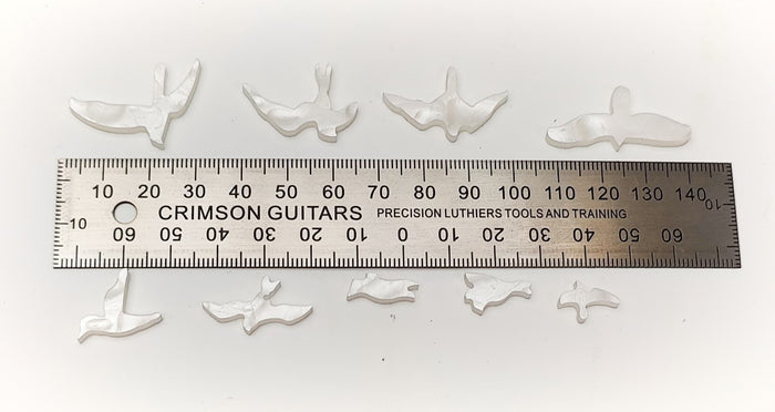 Inlay Set - 9 Bird Shaped Imitation Mother of Pearl Inlays - Showing Size