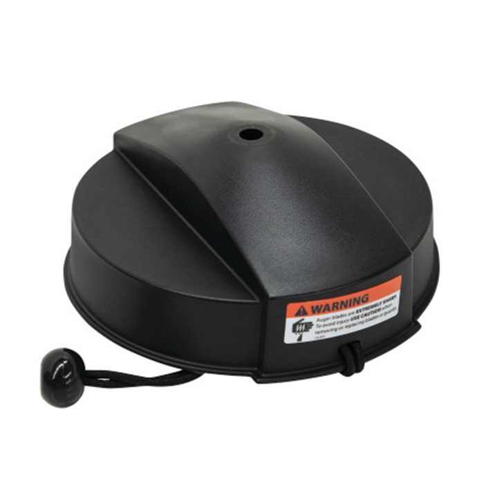 Black circular ION Blade Protector designed to cover and shield fishing tackle blades, featuring a central raised section and a securing cord with a pull toggle for safe attachment.