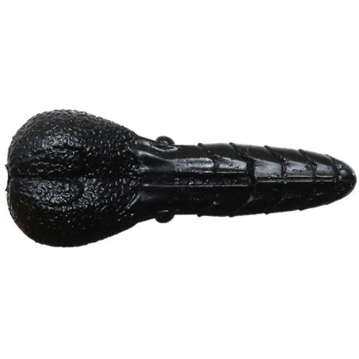 Black textured fishing lure resembling an insect or larva, designed for musky fishing, labeled as Issei AK Punch, highlighting detailed segmented body and rounded head.