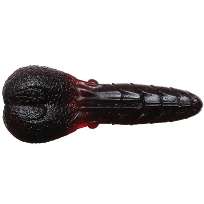 Close-up of Issei AK Punch fishing lure in dark red and black with textured body and segmented tail designed for realistic movement in fishing tackle.