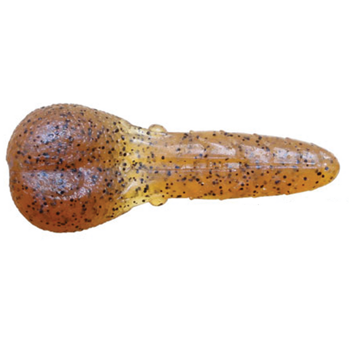 Close-up of a soft fishing lure in amber color with black speckles, designed to mimic bait for fishing, labeled Issei AK Punch.