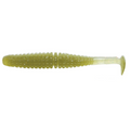 Issei Caramel Shad soft plastic fishing lure in a caramel green color with ribbed body and paddle tail, designed for effective freshwater fishing tackle.
