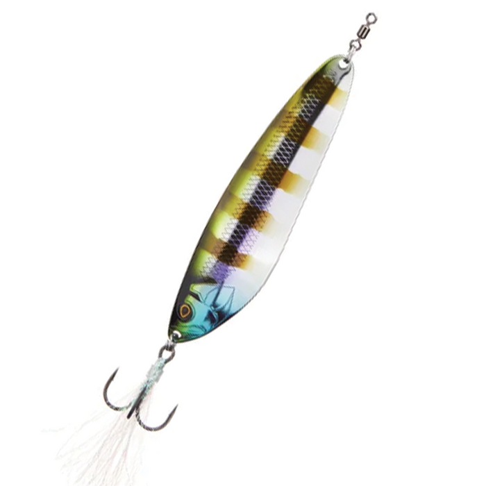 Jackall Counter Back Spoon fishing lure with a reflective, multicolored striped body and a treble hook featuring feather accents for enhanced fishing tackle performance.