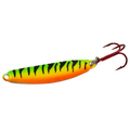 JB Lures Gold Back Varmit fishing lure with a vibrant green, yellow, and orange body featuring black stripes and a red treble hook for effective fishing tackle.
