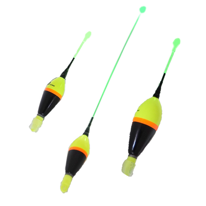 Three yellow and black JB Lures Lighted Fire Float fishing lures with illuminated green tips for enhanced visibility in low-light fishing conditions.
