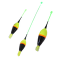 Three yellow and black JB Lures Lighted Fire Float fishing lures with illuminated green tips for enhanced visibility in low-light fishing conditions.