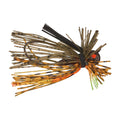 Jewel Baits Finesse Jig 2 Pack featuring detailed fishing lure with skirted strands in camouflage green, orange, and black for enhanced attraction in fishing tackle.