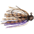 Jewel Pee Wee Football Head Jig fishing lure featuring a brown and purple skirted design with a textured football-shaped head and a single hook, ideal for musky tackle fishing.