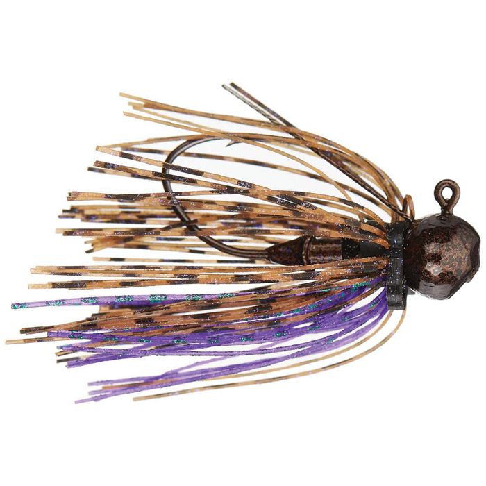 Jewel Pee Wee Football Head Jig fishing lure featuring a brown and purple skirted design with a textured football-shaped head and a single hook, ideal for musky tackle fishing.