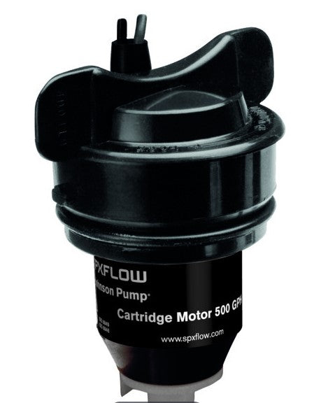 Johnson Pump/Mayfair 500 GPH Aerator/Bilge Pump Cartridge 28552 in black with wiring connectors, designed for marine use to provide reliable bilge pumping and aeration.