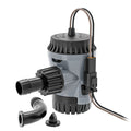 Johnson Pumps Aqua Void Bilge Pump 500GPH with black and gray housing, electrical wires attached, and additional black fittings for marine use.