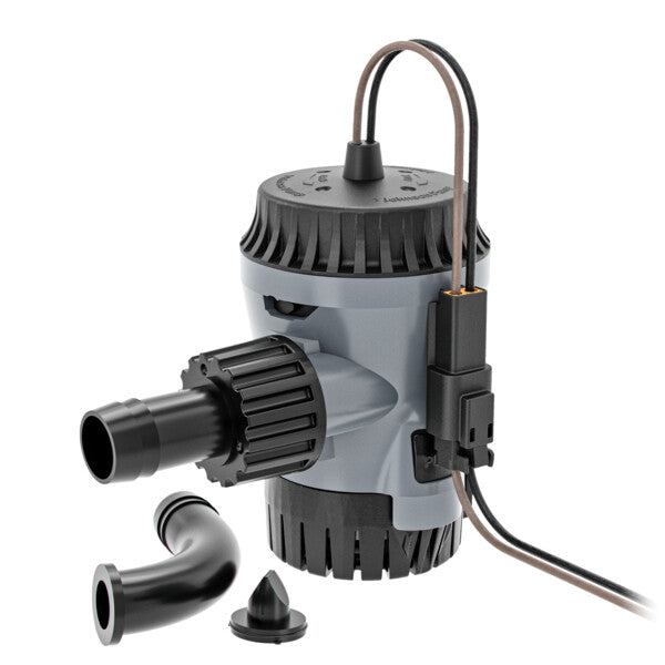 Johnson Pumps Aqua Void Bilge Pump 500GPH with black and gray housing, electrical wires attached, and additional black fittings for marine use.