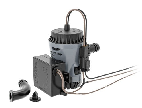 Johnson Pumps Aqua Void Ultima Combo Pump 800gph PN:10-13636-01 featuring a compact, durable design with attached cables and connectors, ideal for marine and fishing tackle applications.