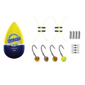 Kalin Slip Bobber Kit featuring a yellow and blue slip bobber, four fishing hooks with different colored jig heads, two sets of yellow slip bobber stops, four swivels, and four bullet weights for fishing tackle.