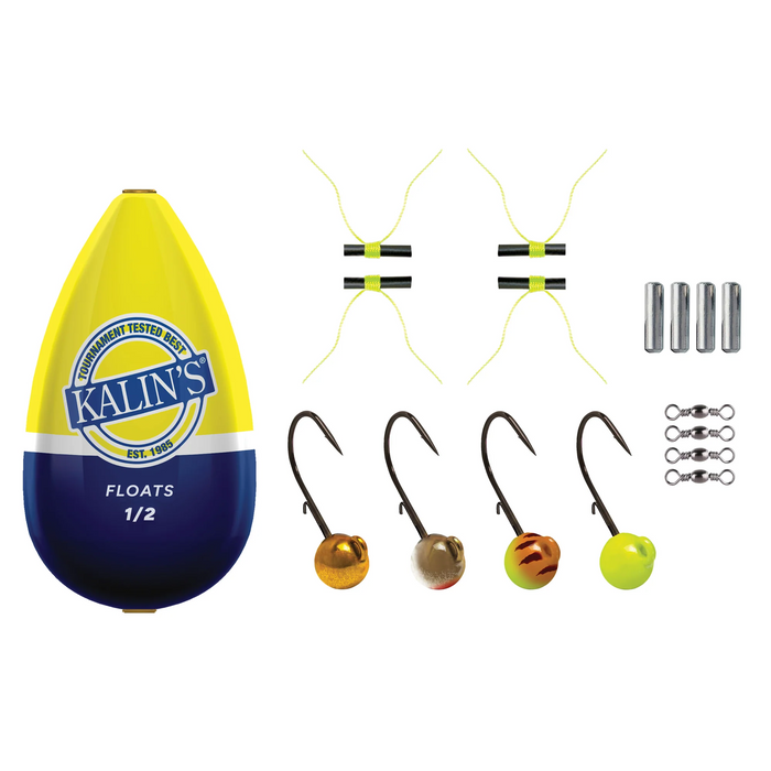 Kalin Slip Bobber Kit featuring a yellow and navy slip bobber, two pairs of yellow line stoppers, four assorted jig hooks with brightly colored heads, four small cylindrical weights, and five metal swivels for fishing tackle.