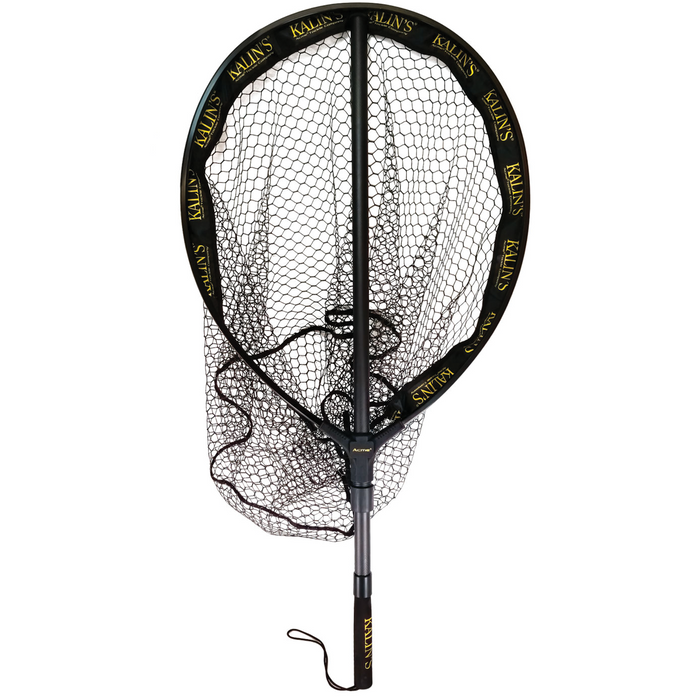 Kalin's Landing Net - Big Game Fish featuring a large black net with hexagonal mesh, durable frame, and padded handle designed for landing big game fish during fishing trips.