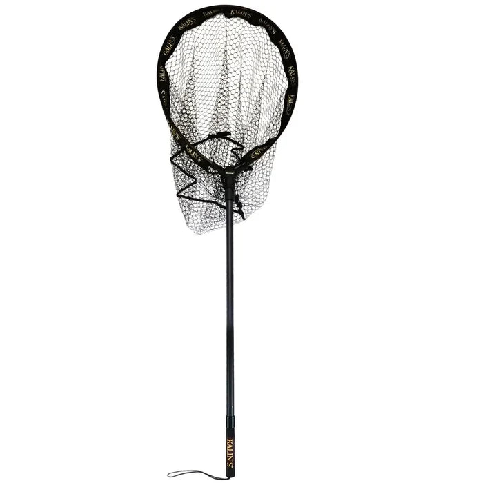 Kalin's Landing Net - Game Fish features a long black handle with wrist strap and a large, deep black mesh net designed for securely landing game fish.