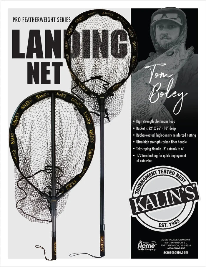 Kalin's Landing Net - Game Fish with high strength aluminum hoop, rubber-coated reinforced netting, ultra-light carbon fiber handle, and telescoping extension for fishing tackle use.