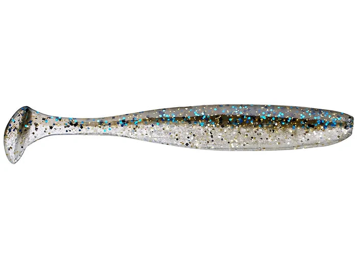 Keitech Easy Shiner soft plastic fishing lure in translucent gray with blue and black glitter, designed for freshwater fishing and effective as part of fishing tackle.