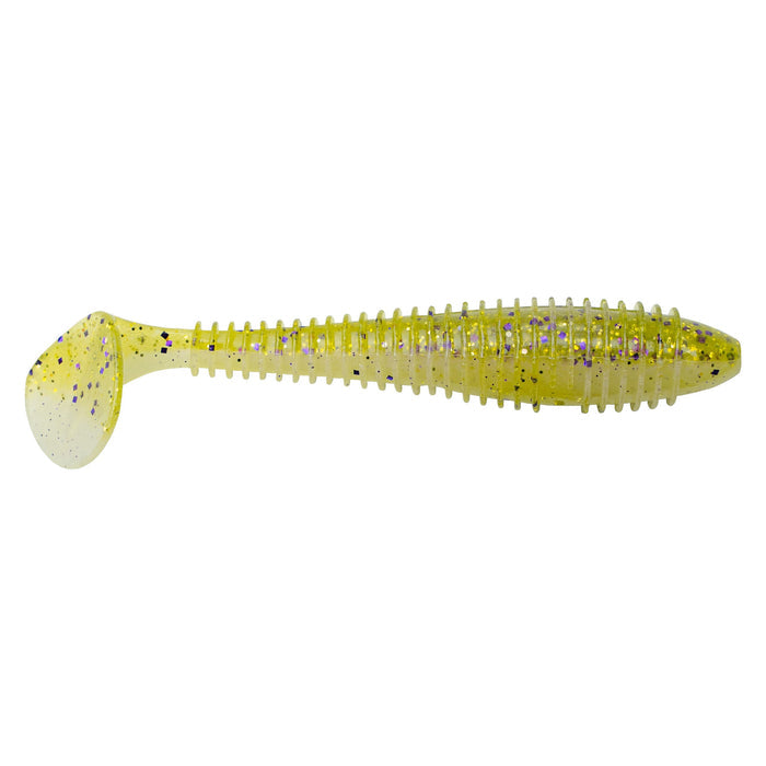 Keitech Fat Swing Impact 3.8" soft plastic fishing lure in translucent chartreuse with glitter, ribbed body, and paddle tail for lifelike swimming action in fishing tackle.