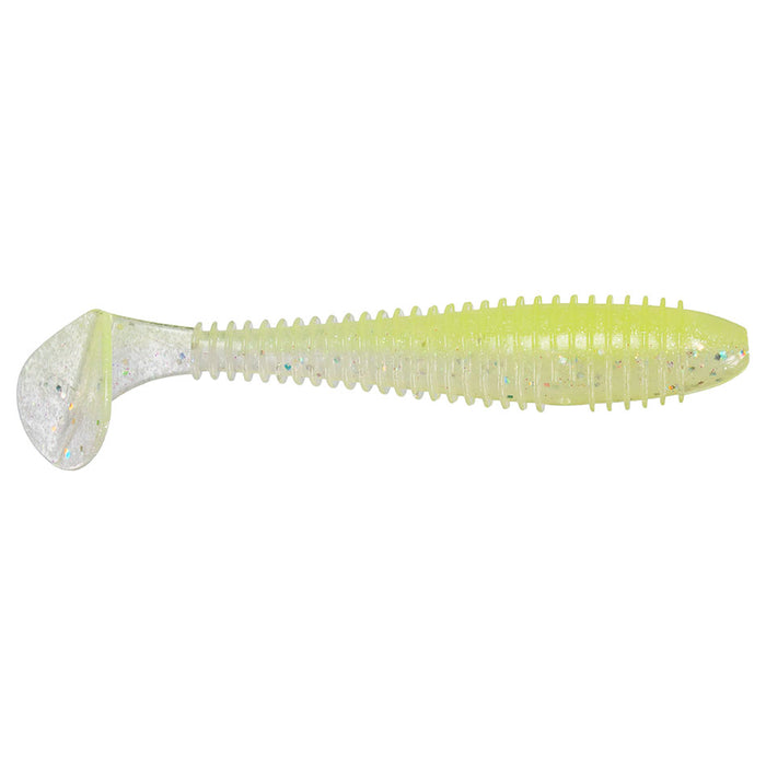 Keitech Fat Swing Impact 3.8" fishing lure in translucent yellow with glitter flakes, soft ribbed body and paddle tail designed for lifelike movement in water.