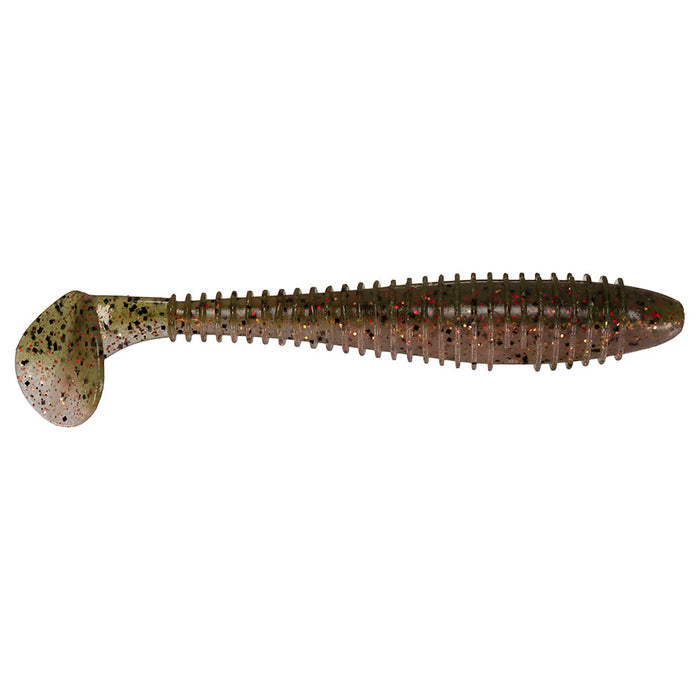 Keitech Fat Swing Impact 3.8" soft plastic fishing lure in translucent brown with black and red flecks, ribbed body and paddle tail designed for lifelike movement in water.