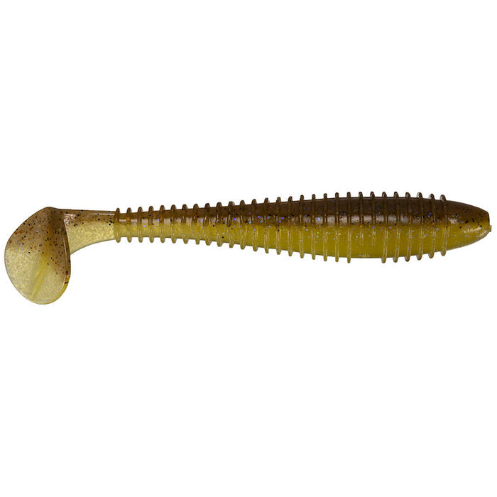 Keitech Fat Swing Impact 3.8" soft fishing lure in green and brown with ribbed body and paddle tail designed for lifelike movement in freshwater fishing tackle.