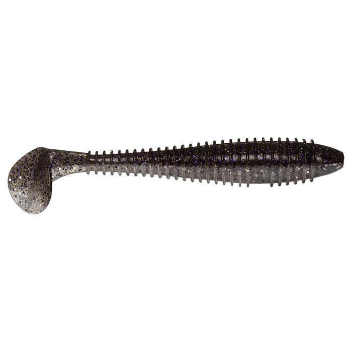 Keitech Fat Swing Impact 4.3" soft plastic fishing lure in dark translucent color with black and purple flecks, designed for effective movement in the water to attract fish.