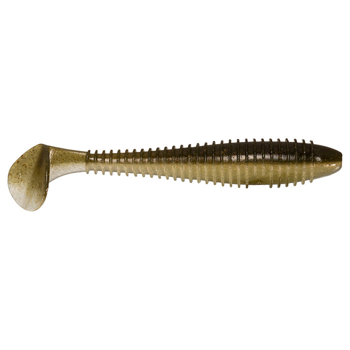 Keitech Fat Swing Impact 4.3" soft fishing lure in translucent green with ribbed body and paddle tail designed for lifelike swimming action in fishing tackle.