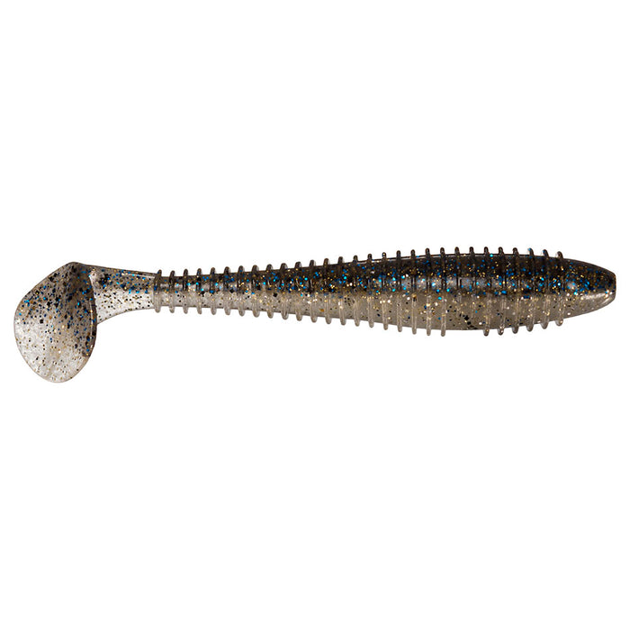 Keitech Fat Swing Impact 4.3" soft fishing lure with a ribbed body and paddle tail, featuring a translucent gray color with blue and black speckles for realistic movement in water.