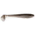 Keitech Fat Swing Impact 4.3" soft fishing lure in translucent brown with fine blue and black flecks, featuring a ribbed body and paddle tail for lifelike movement in fishing tackle.