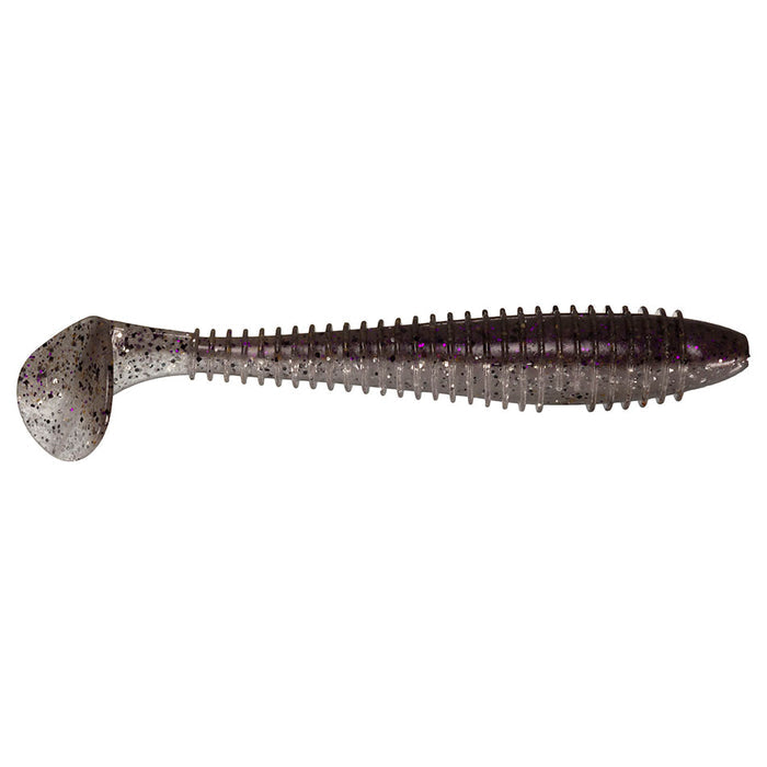 Keitech Fat Swing Impact 4.3" soft plastic fishing lure in dark translucent color with flecks, designed for effective action in fishing tackle and lure applications.