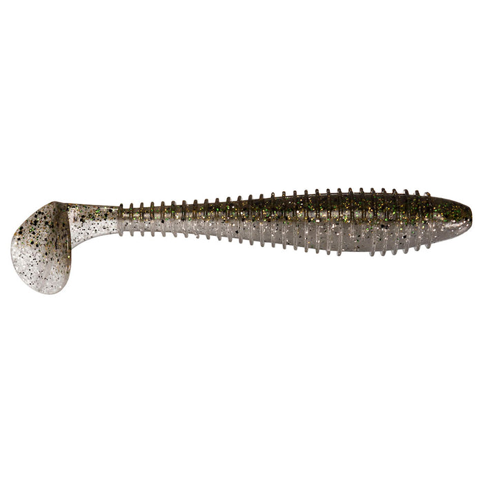Keitech Fat Swing Impact 4.3" soft fishing lure in a translucent body with black and gold flecks, designed for lifelike movement in water to attract fish.