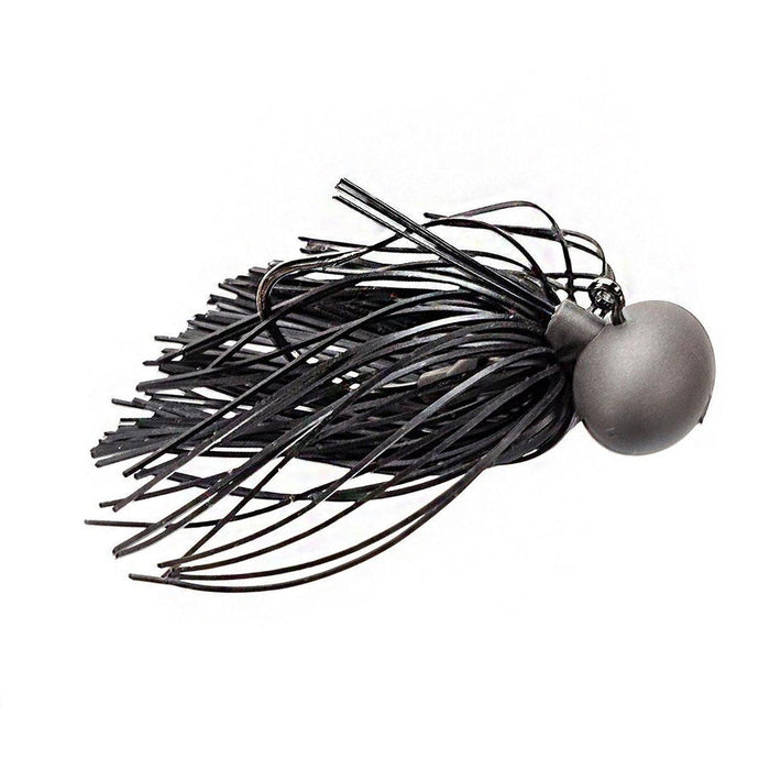 Keitech Model II Tungsten Football Jig fishing lure with a weighted tungsten head and black rubber skirt designed for musky and freshwater fishing tackle.