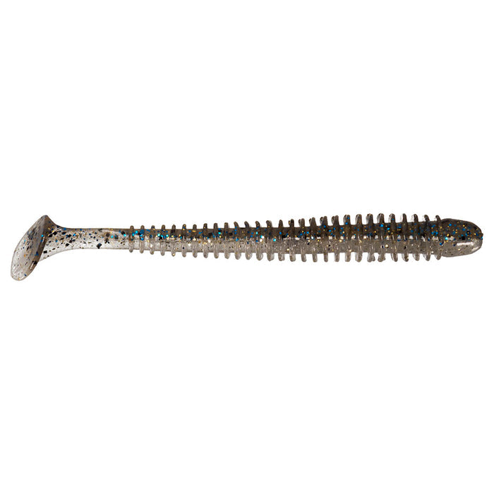 Keitech Swing Impact 2" soft plastic fishing lure with ribbed body and paddle tail in translucent gray with blue and black flecks for lifelike movement in water.