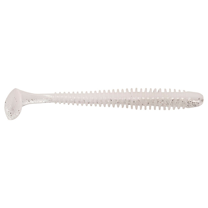 Keitech Swing Impact 2" soft plastic fishing lure in translucent white with silver flakes, featuring a ribbed body and paddle tail for lifelike movement in water.