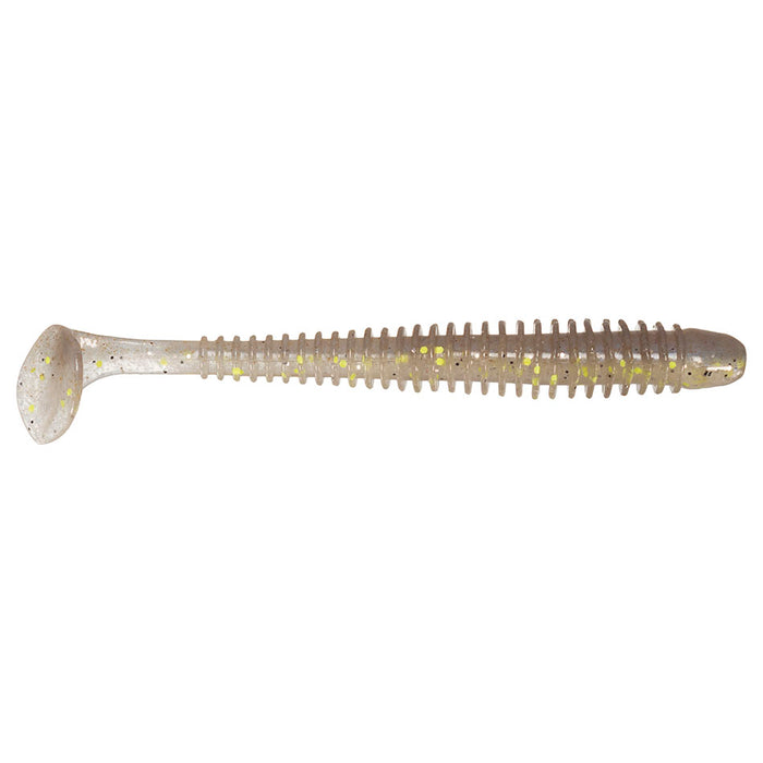 Soft plastic fishing lure in translucent beige with gold flecks, ribbed body, and paddle tail designed for lifelike movement, called Keitech Swing Impact 2".
