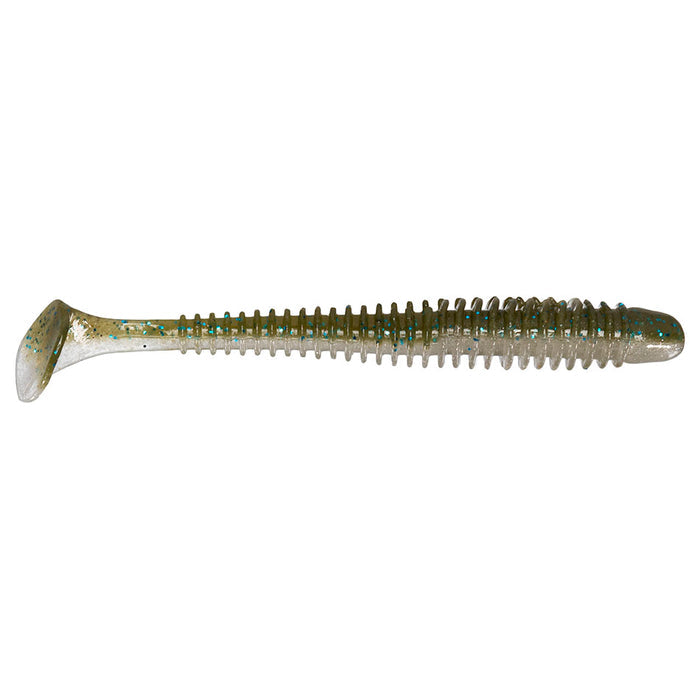 Keitech Swing Impact 2" soft plastic fishing lure in a translucent green with blue flecks, featuring a ribbed body and paddle tail designed for lifelike movement in water.