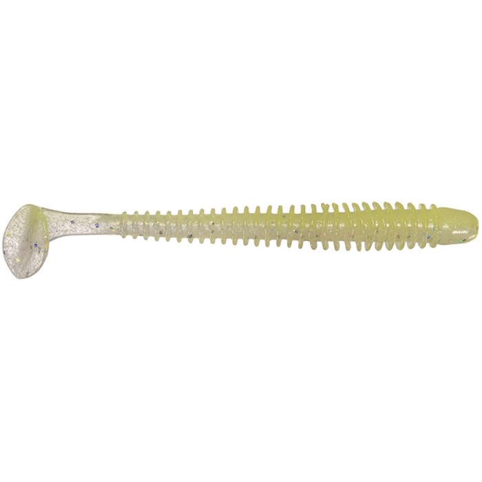 Keitech Swing Impact 2" fishing lure in translucent chartreuse with ribbed body and paddle tail designed to mimic natural bait movement for effective fishing tackle.