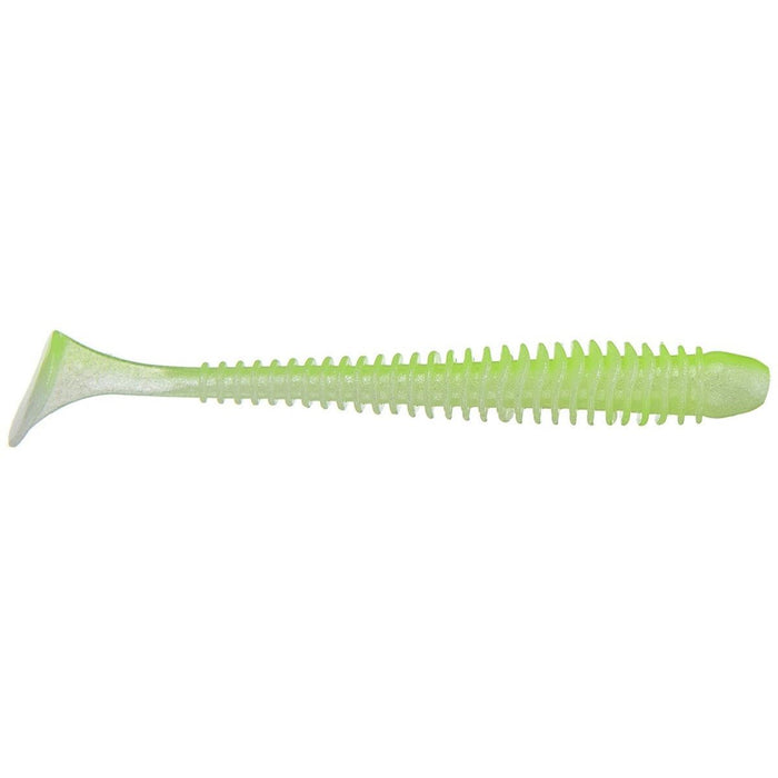 Keitech Swing Impact 2" soft plastic fishing lure in green with ribbed body and paddle tail, designed for lifelike movement in fishing tackle.