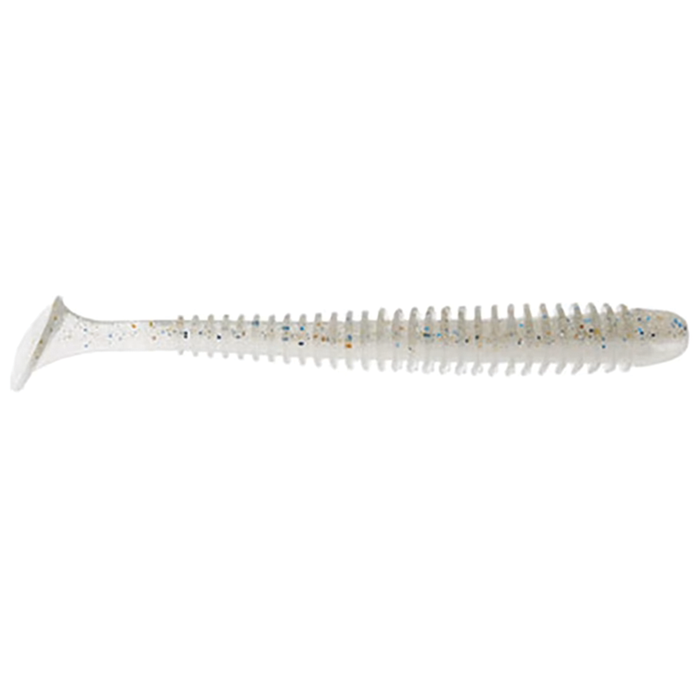 Keitech Swing Impact 2" fishing lure in translucent color with blue and gold flecks, featuring a ribbed body and paddle tail for lifelike movement in the water.