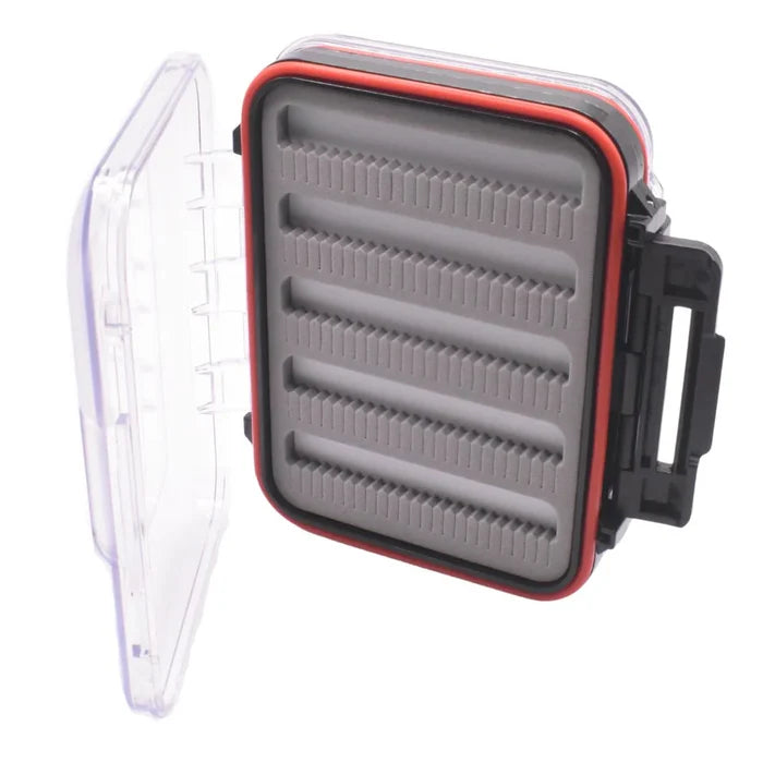Kenders Double-Sided Compartment/Foam Waterproof Jig Box with clear hinged lid, black exterior, and gray foam interior for organizing fishing tackle and jigs securely.